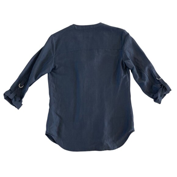 AMS Pure Blue Linen Silk Zipper Womens Top Roll Tab Sleeve US 6 Spain Minimalist - Picture 9 of 9